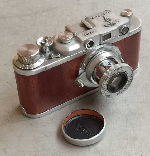 Leica II D Afrika Korps copy chrome wood veneer in leather case